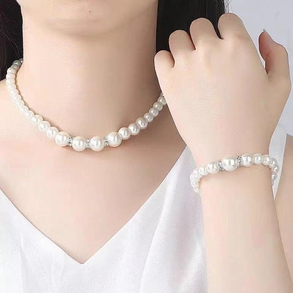 Pearl Jewelry Set: Necklace, Earrings & Bracelet for Women - Perfect Gift for Mom or Wedding