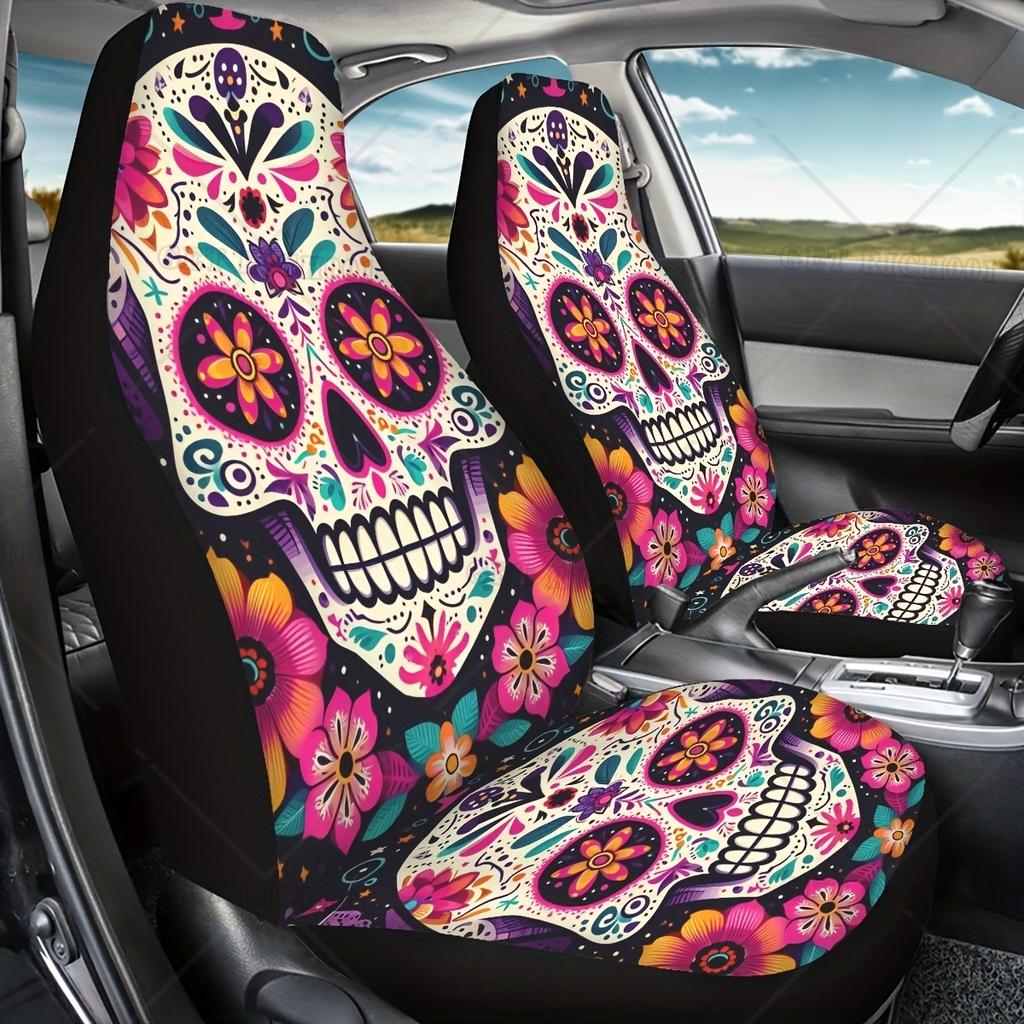 2Pcs Day Of The Dead Skull Flowers Car Seat Covers Universal Fit, Accesorios Para Carro, Car Seat Covers Full Set, Car Stuff