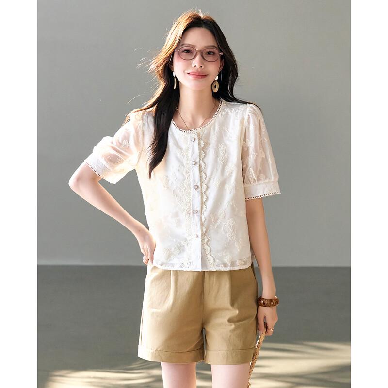 TERRE BLEUE Women's Lace Short-Sleeve Casual Shirt