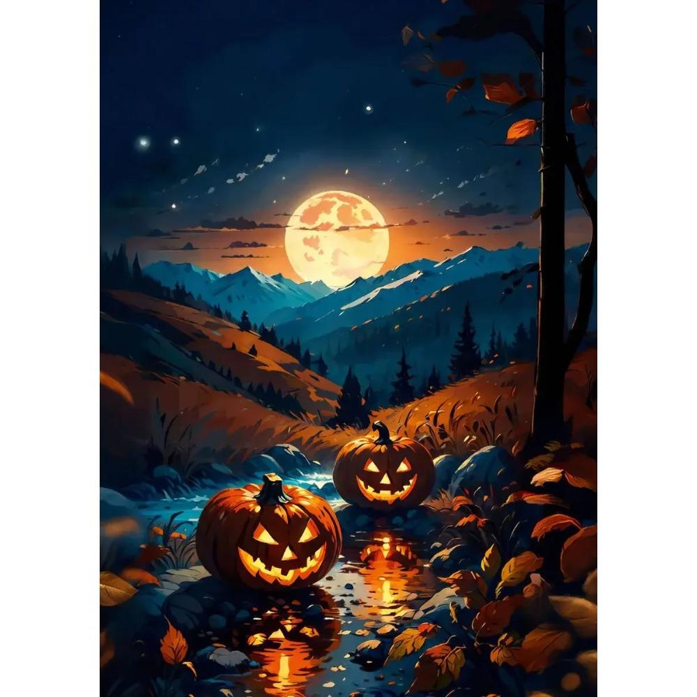 A Classic Vintage Wall Art Pumpkin Black Cat Ghost Painter Halloween Night, Printed Poster, Home Living Room Bedroom Decoration