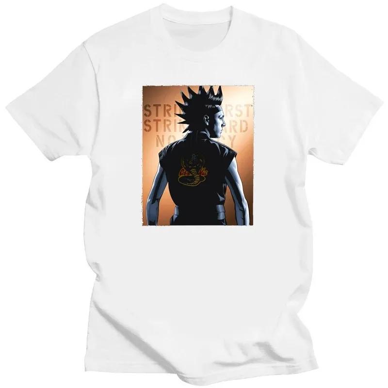 Vintage Cobra Kai T Shirt Men Tshirt Unique Tee Short Sleeved Karate Kid Strike First Strike Hard No Mercy Tops Ropa Hombre