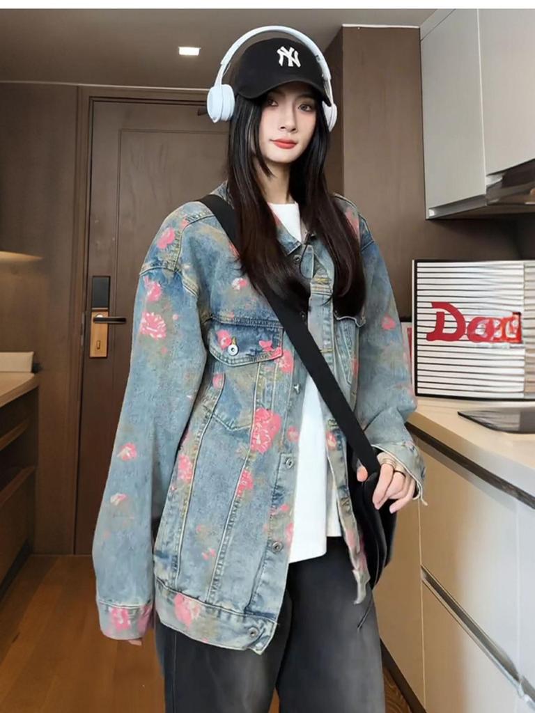 Unisex Hong Kong Style Floral Jacquard Denim Jacket - Trendy Autumn/Winter 2025 Collection