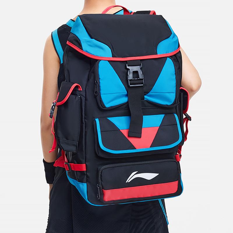 Li Ning Sports Basketball Series Casual Fashion Splicing Large Capacity Design Polyester Sports Backpack Unisex Backpack Black Blue ABSS315-1
