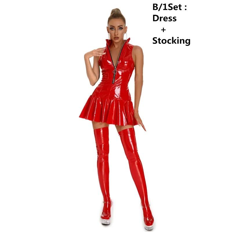 Women Sexy Glossy Leather Slip Dress Lady Erotic Shaping Pleated Short Dress PVC Zipper Porn Breast Exposing Latex Mini Dresses