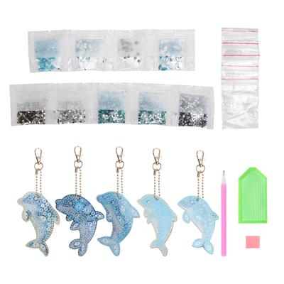 Lot de 5 porte-clés avec peinture diamant dauphin, pendentif dessin animé 5D, kit élégant, fournitures d'artisanat
