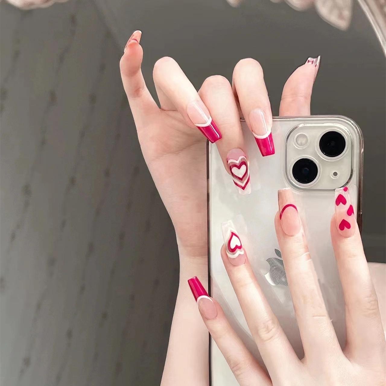 

Red Peach Heart Wearable Nail Stickers - Long T-shaped Removable False Nails