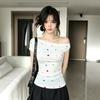 Korean Dopamine Color Polka Dot Slanted Shoulder Short-sleeved T-shirt for Women's Summer Waist and Thin Sweet Spice Girl Off-the-shoulder Small Top