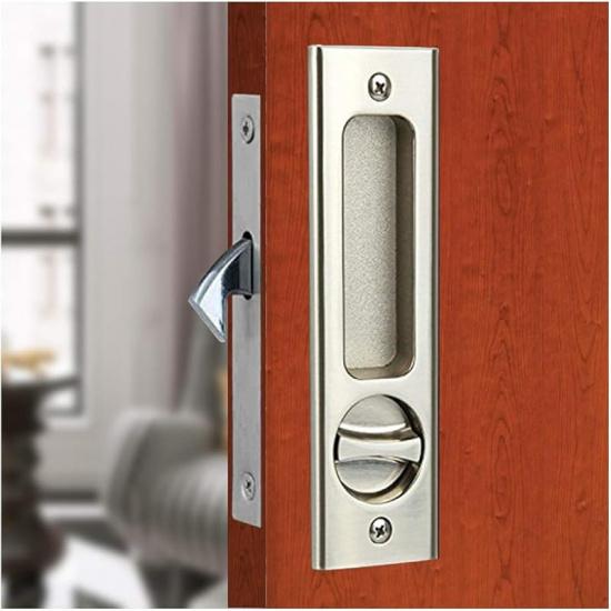 LWZH 6.3" Brushed Silver Privacy Pocket Door Lock Hardware, Invisible Recessed Handle Latch with Keys, Sliding Door Mortise Lock, Double Barn Door