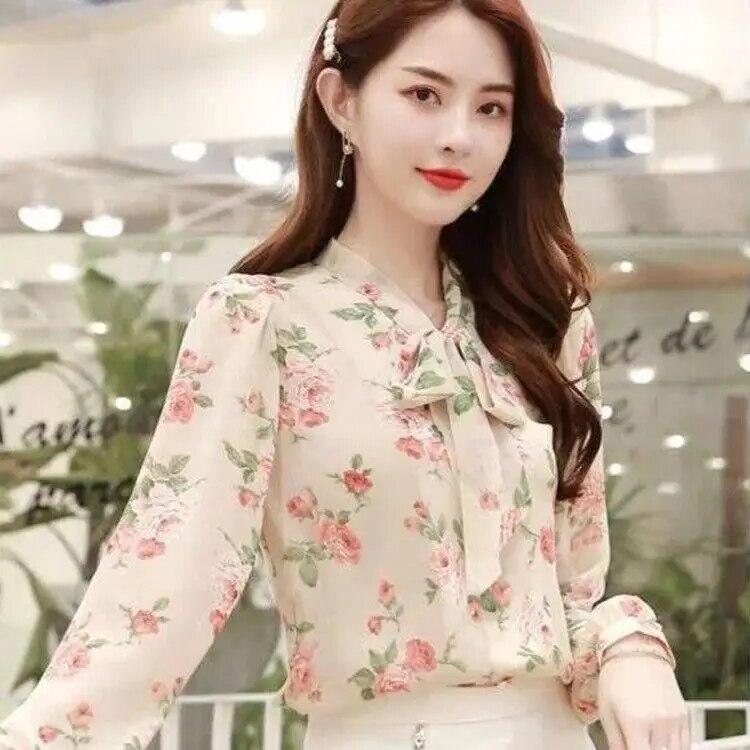 Women's Long Sleeved Bottoming Shirt Spring Autumn New Scarf Collar Tie Up Print Chiffon Top S-5XL