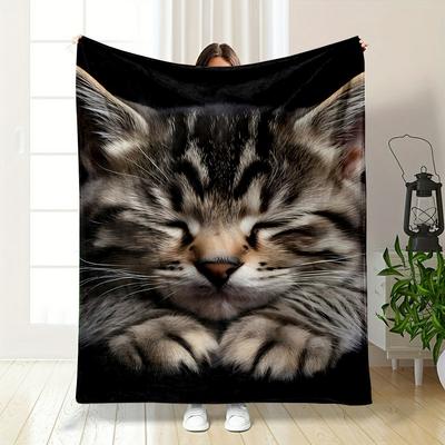 Cute Tiger-spotted Kitten Pattern Flannel Printed Blanket Suitable for All Seasons Suitable for Living Room Office Sofa Travel