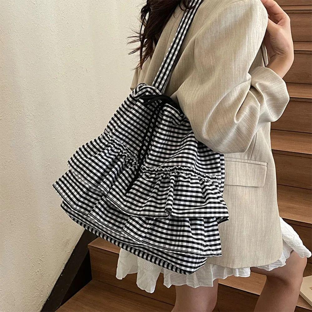 College Style Canvas Plaid Bag Sweet Cute Ruched Handbag Fashion Ruffle Shoulder Bag  Student