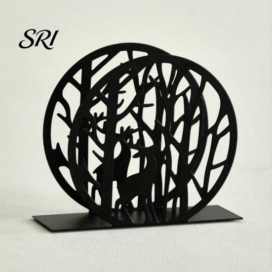 Seiko Napkin Holder Deer for Table Standing Animal Forest Tree Tissue Dispenser Round Hollow Design Metal Rustic Cloth Napkins Kitchen Farmhouse