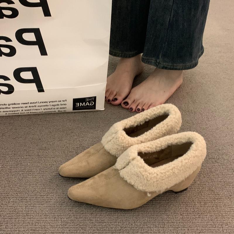 2026 New Spring Autumn Women Fleece Lined Loafer Shoes Concise Short Plush Shoes Eelgant Slip On Dress Thick Heel Pumps Shoes