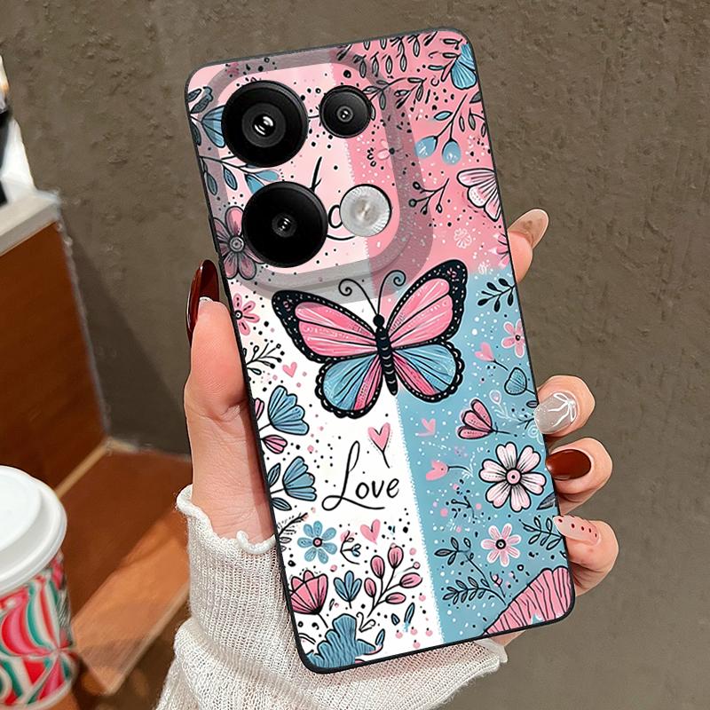 Blue Pink Butterfly Floral Pattern Case For Xiaomi 14T 13T 11T Pro Funda Redmi Note 14 13 12 11 Pro 5G 4G Leather Texture Silicone Cover