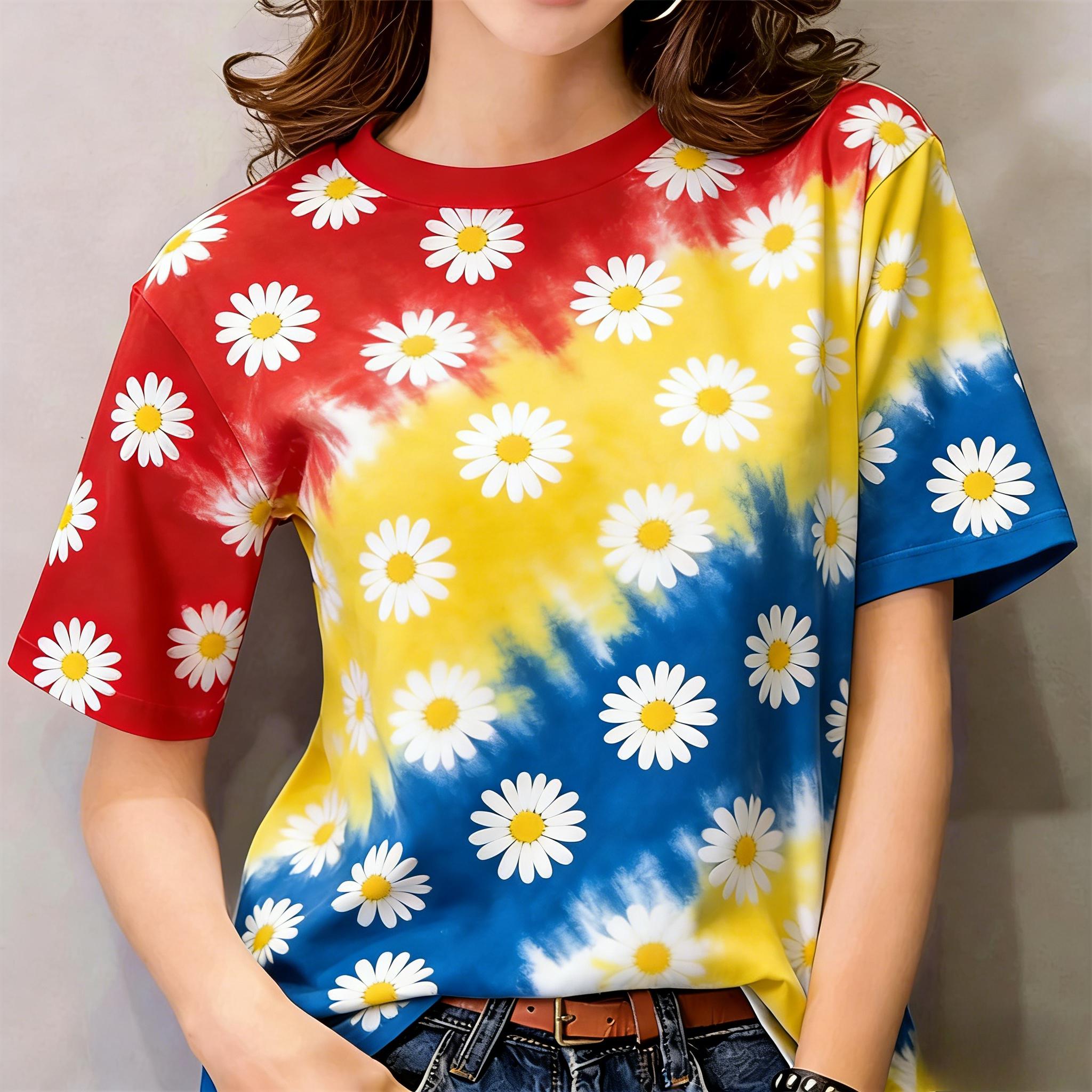 

Tie-Dye Floral Shirt - Round Neck, Short Sleeve, Outdoor Casual Top with 3D Digital Print | Women’s Wear XS