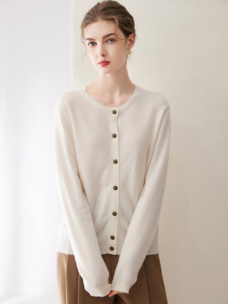 Women's 2026 Autumn/Winter Pure Cashmere Round Neck Cardigan - Single-Breasted, Commuter Style Sweater Jacket