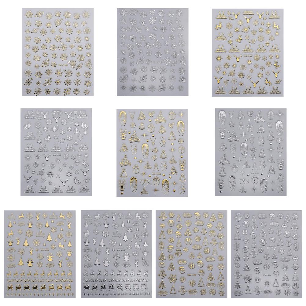 Christmas Nail Art Stickers Nail Decals Self-Adhesive Gold Silver White Snowflake Elk Bell Xmas Tree Design DIY for Women Girls