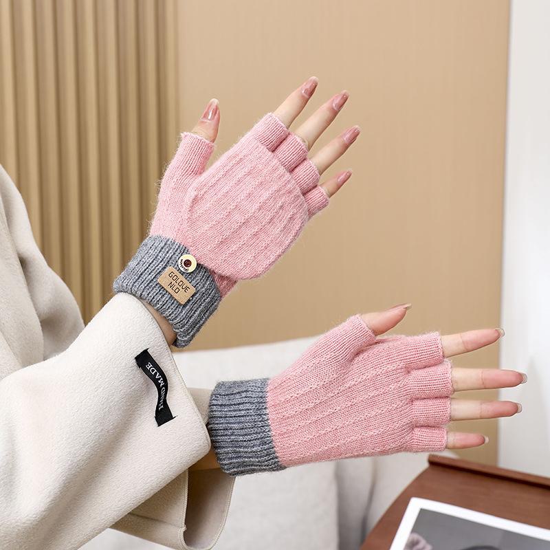 Korean Touchscreen Fingerless Winter Gloves - Plush, Thick, Cold-Proof Writing Flip Gloves for Students