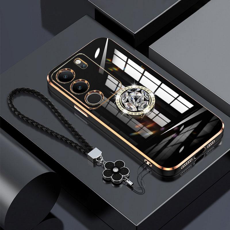 V29 5G Pouzdro Luxusní Kryt s Diamantovým Prstenem Pro Vivo V29 V29E V25 V21 V21E V20 SE Y76 Y75 Pouzdro na Telefon Se Šňůrkou Pokovené Pouzdro V 29