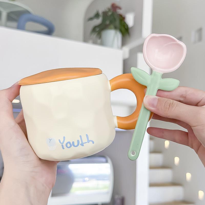 Tulip Mug with Lid Spoon with High Appearance and Cute Home Office Girl Ceramic Drinking Cup Souvenir