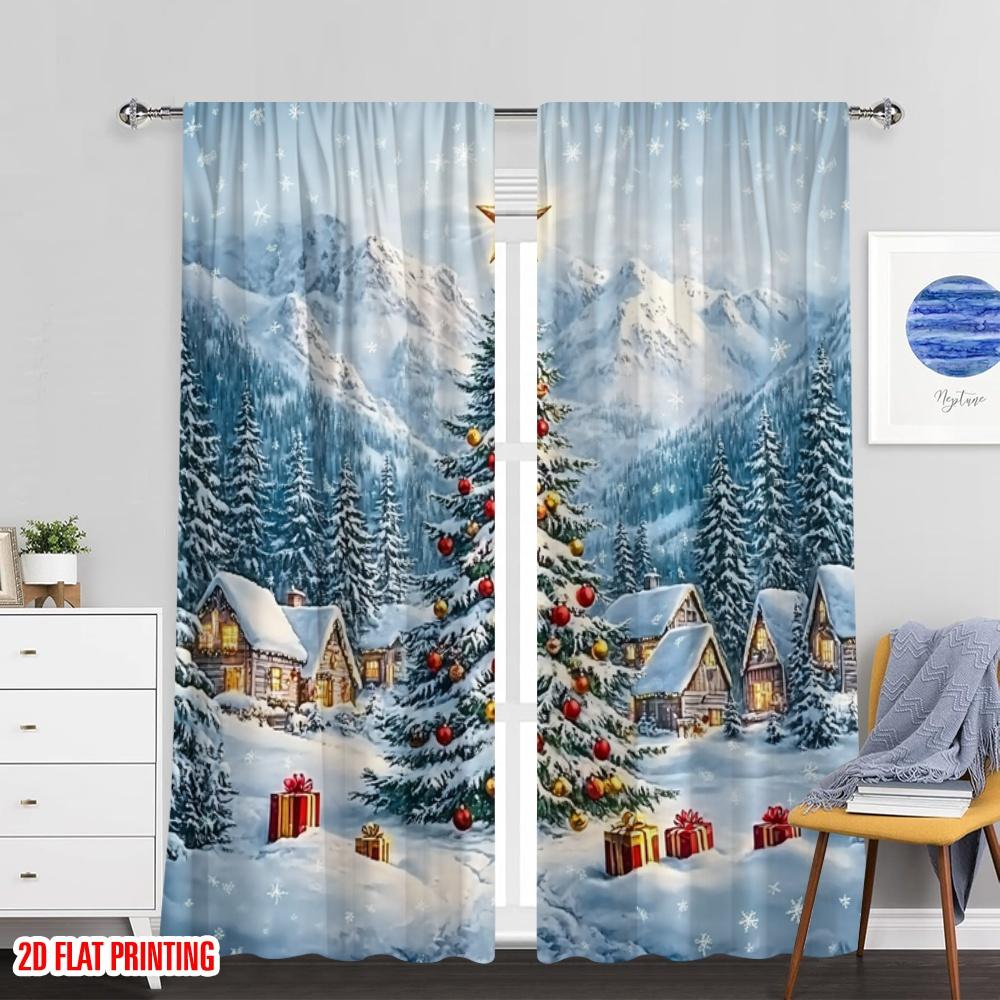Set Of 2 Flat Printing Christmas Party Curtain Polyester Without Electricity Holiday Decorations Perfect Made