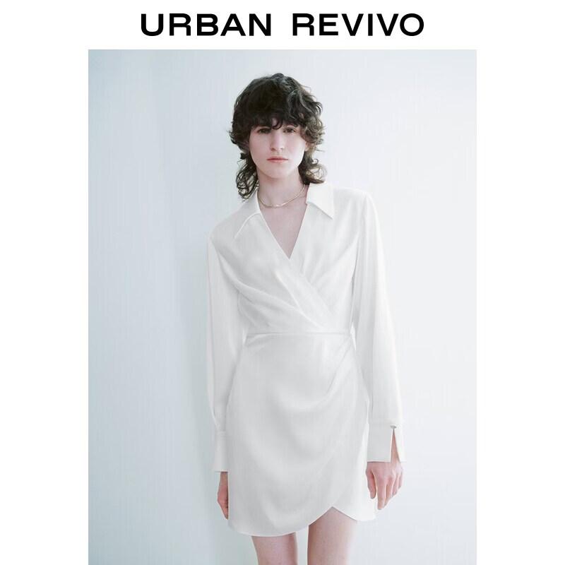 UR Women s Elegant Pleated V-Neck Long Sleeve Dress S грязно-белый