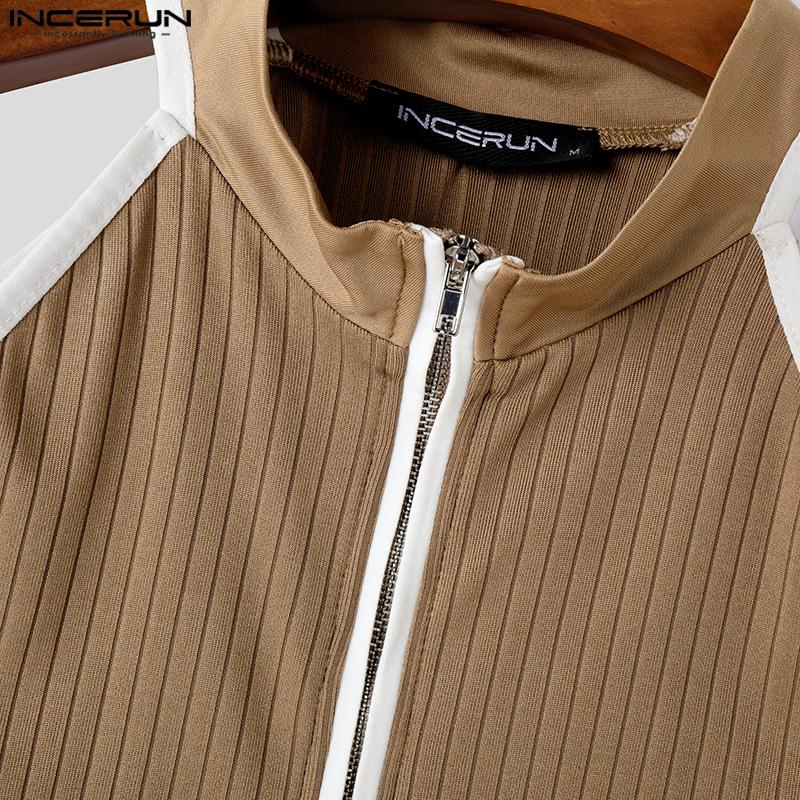 INCERUN Camisetas de verano para hombre, de manga corta, con cortes, costuras, cremallera y canalé, informales, ajustadas