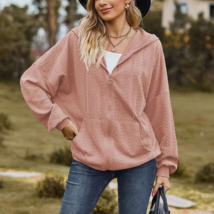 Women's Solid Color V-neck Zipper Loose Long Sweatshirt Jacket