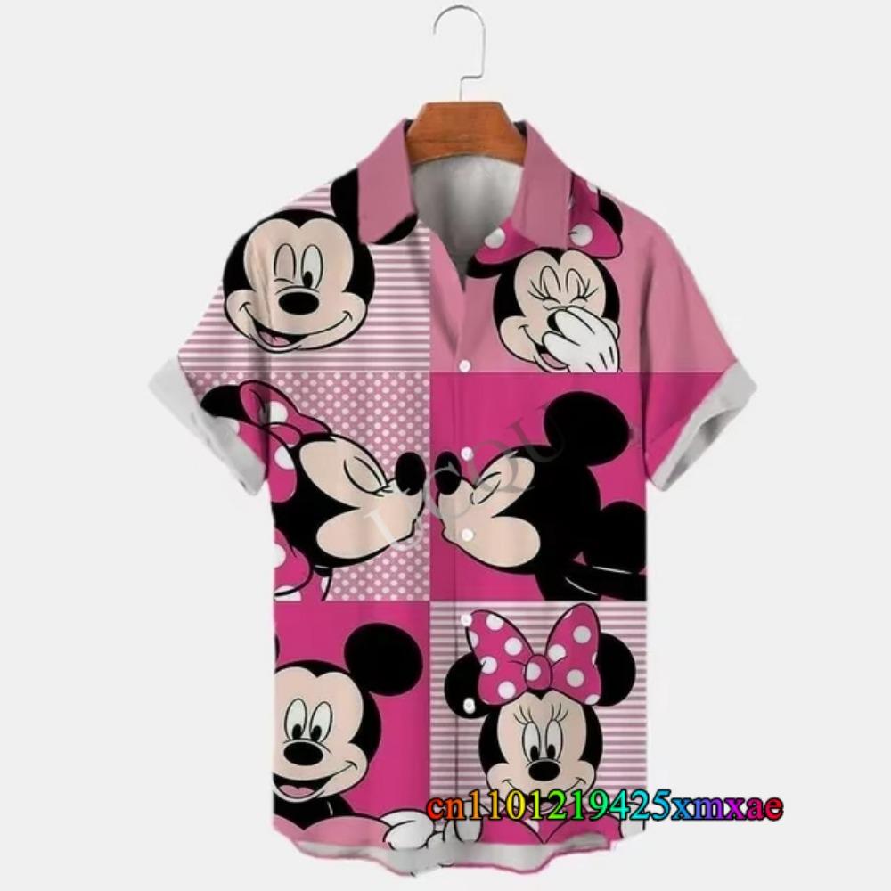 Verano Estampado de Dibujos Animados de Mickey Mouse Camisa de Hombre Estilo Hawaiano con Solapa Manga Corta Casual Moda para Vacaciones en la Playa Tops Oversized