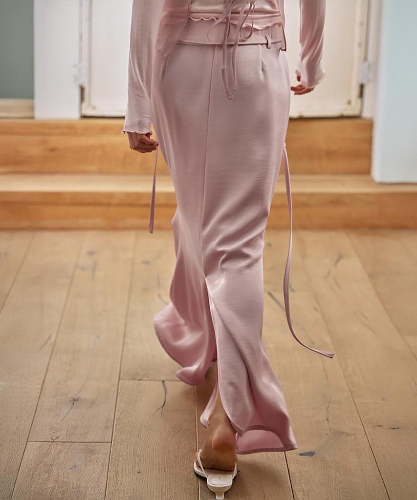 Leondeondada Glossy Satin Long Skirt, Soft Pink