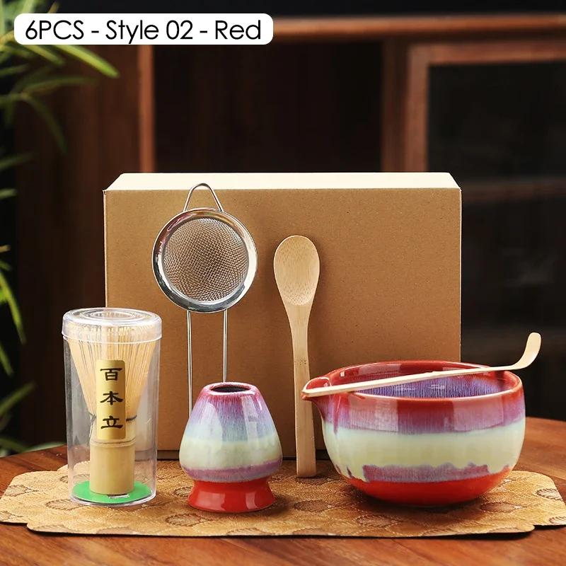 6PCS Matcha Tea Set Ceramic Matcha Bowl Bamboo Whisk Scoop Teaspoon Sifter Vintage Song Dynasty Tea Ceremony Kit