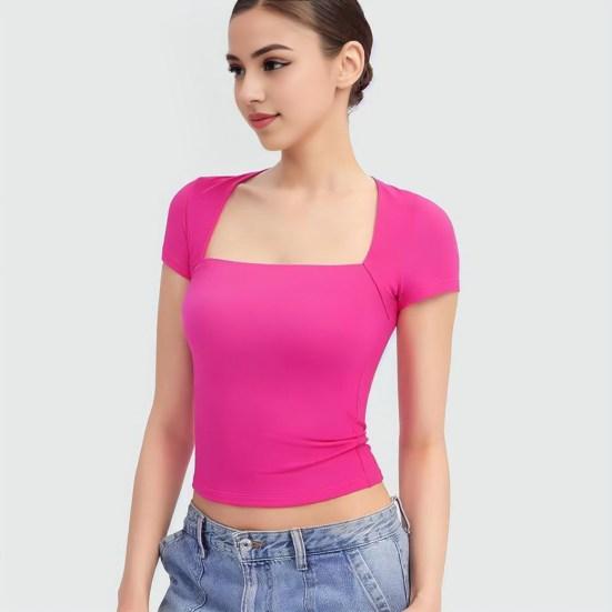 Women Tee Shirt Square Collar Short Sleeve Pullover Tops Slim Fit Solid Color T-shirt