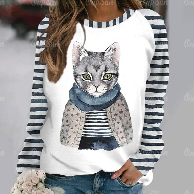 Mode Kawaii Katt Djur Tryck Långärmade T-shirts För Kvinnor Sweatshirts Dam Söt O-Hals Pullover Kvinna T-shirts Topp Kläder