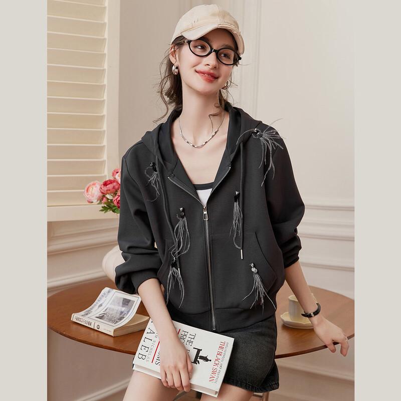 Bailuyu Feather Trim Hooded Zipper Jacket XL