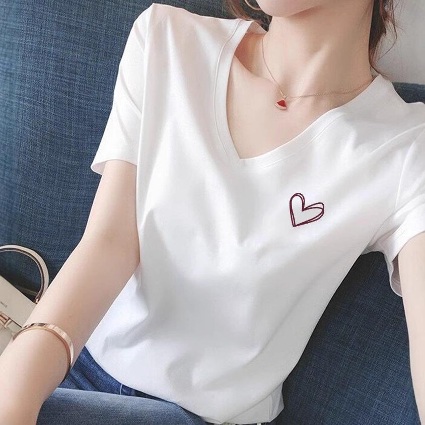 Women's Short Sleeve Graphic Tee V Neck Casual Fashion T-Shirt With Cute Embroidered Print