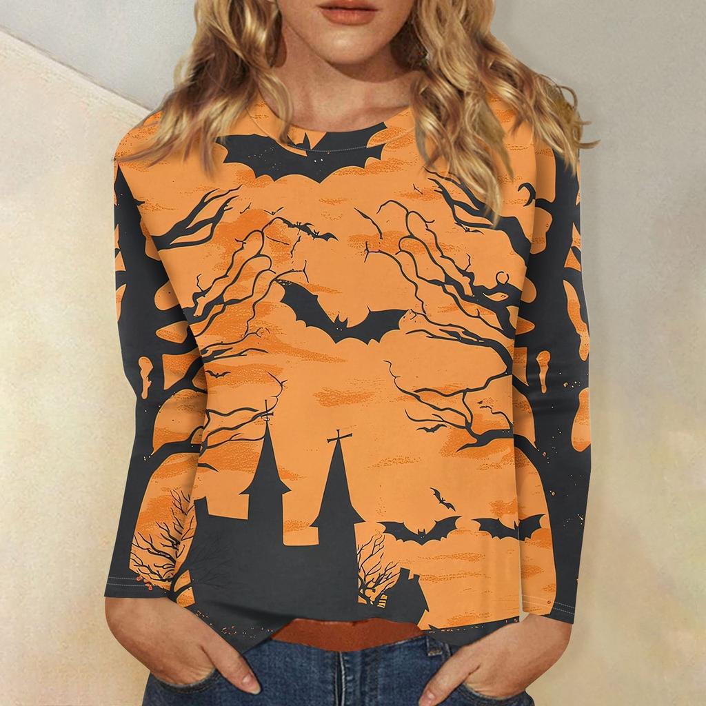 Fashionable 3D digital printed Halloween bat pattern women's round neck long sleeved T-shirt