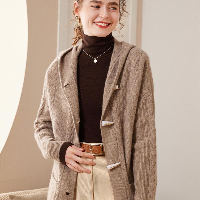Women's Versatile Korean Style Pure Wool Hooded Cardigan Cashmere Knit Outerwear Sweater