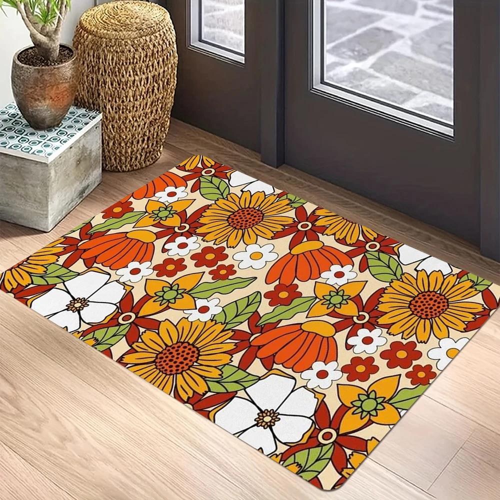 Floral Print Welcome Doormat Non-Slip Machine Washable Carpet for Living Room Bedroom Bathroom Kitchen Laundry Rug