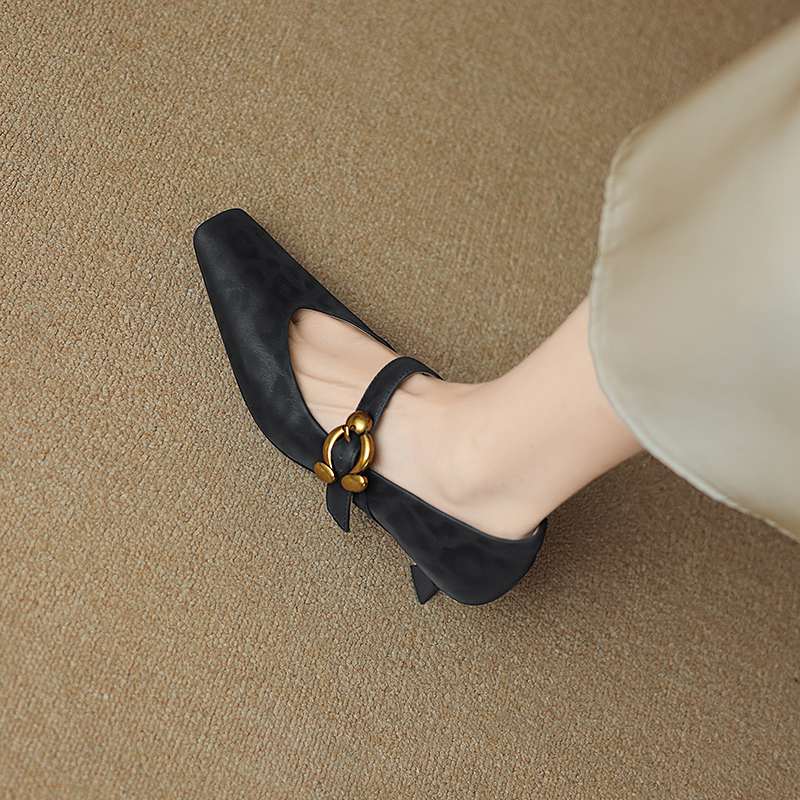 Krazing Pot Sheep Skin Summer Spring Autumn Stiletto Med Heels Leopard Women Square Toe Metal Decoration Shallow Pumps