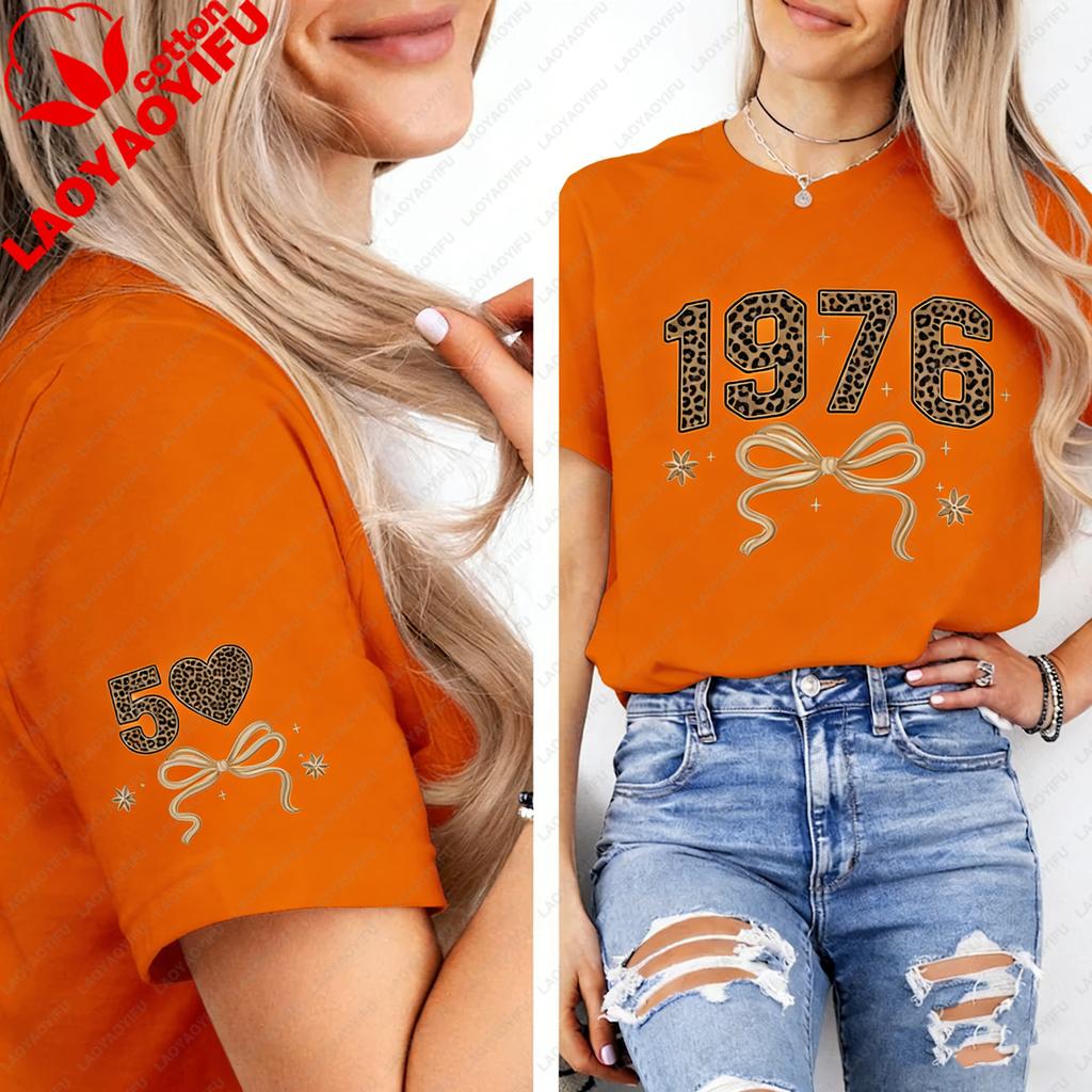 1976 Retro Leopard 50th Birthday Gift For Mothers Day Shirt Commuter Allmatch Regular Short Sleeve Printed Tshirt Tops