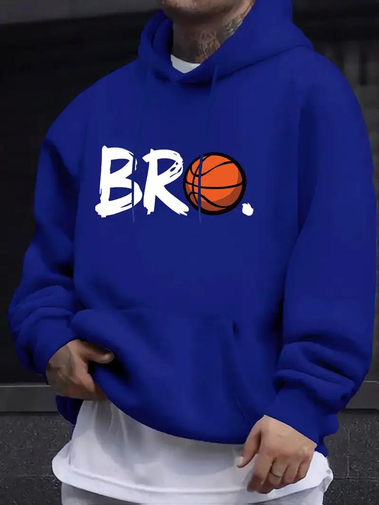 Herren lässiges Kapuzensweatshirt - leuchtend rot BRO Basketballmuster Aufdruck, langärmeliger Pullover mit Vordertasche, maschinenwaschbar