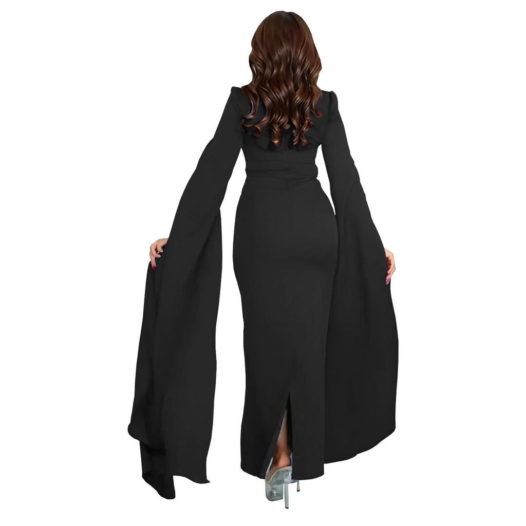 Cross-Border Elegant Women's Dress with Back Slit, Cape Sleeves, and Rhinestone Details