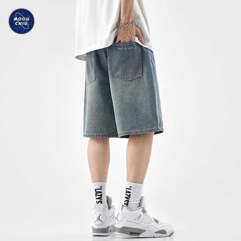 Mu Qiu Men's Denim Shorts | Trendy Plus Size Retro-Wash Straight Shorts