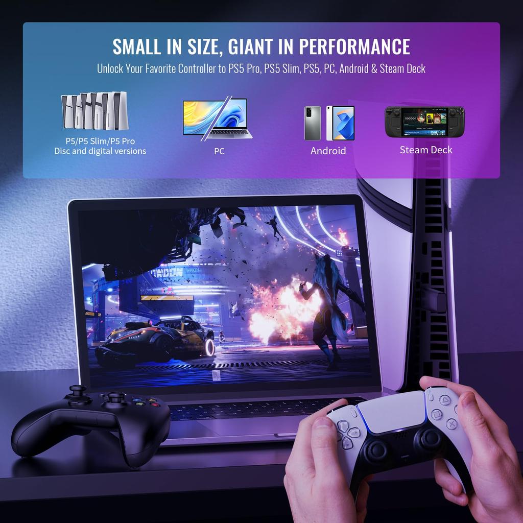 EJGAME Deck Plattform Controller Adapter Kompatibel mit allen PS5 Spielen Gyrosensor Vibrationsfunktion Tastenbelegung Turbo-Feuerfunktion Ein-Tasten-Kombination