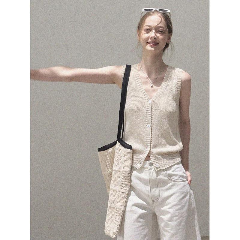 apricot v-neck knitted cardigan vest top women's summer sleeveless vest small short wear vest outside
