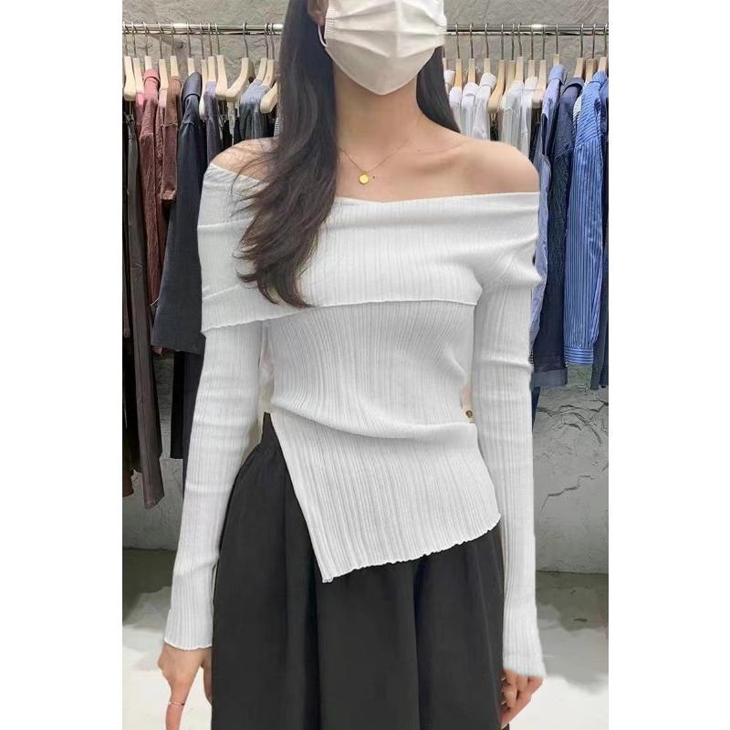 Elegant Off-the-shoulder Pullover Sweater Women Fashion Solid Color Simple Long Sleeve Tops Inner Casual Slim Fit Basic Long Sleeved Bottoming Shirt