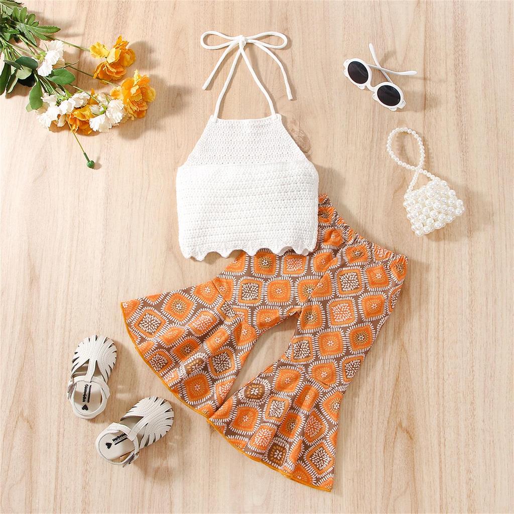 Baby Girls Summer Outfits Summer Sleeveless Halterneck Tops and Geometric Print Casual Flared Pants Set