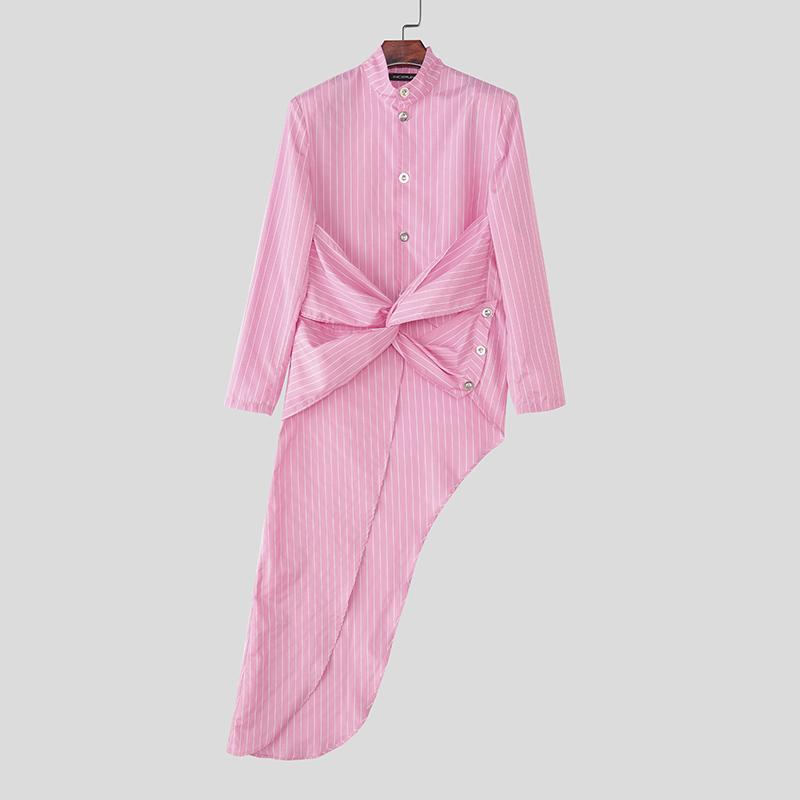 INCERUN Men Stand Neck Long Sleeve Striped Splits Irregular Hem Long Tunic Shirts Tops