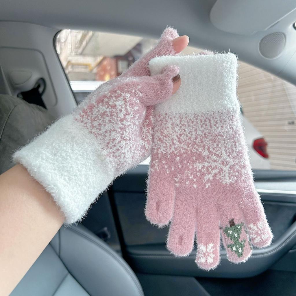 Christmas Fingerless Gloves for Women Cute  Winter Festival  Touch Screen  Thickened  Warm Knitted Plush  Cold and Windproof for Cycling Men