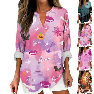Women's Fashion Casual Halloween Print Drop Shoulder Long Sleeve V-Neck Ladies Tops